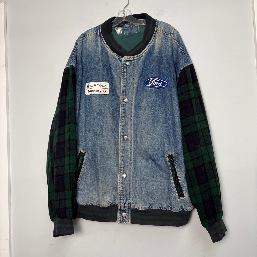 Vintage Ford Lincoln Mercury Denim Bomber Jacket Plaid Sleeves Blue Green XL